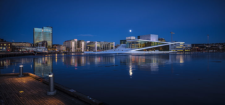 high-rise buildings, night, lights, home, Norway, harbour, Oslo