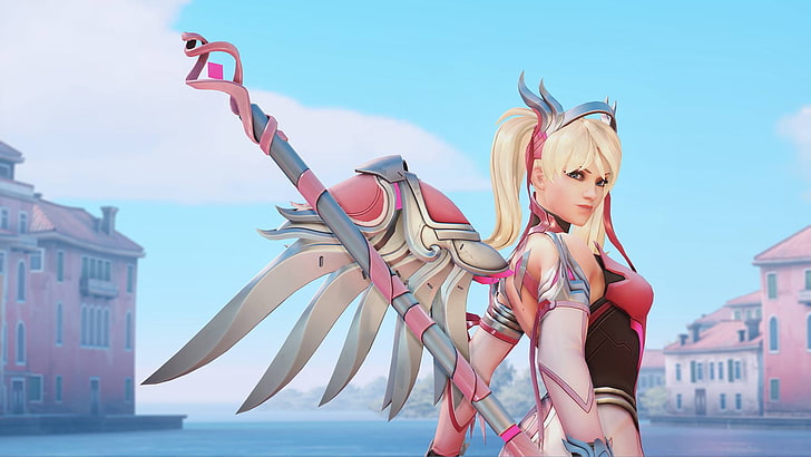 Mercy (Overwatch), pink, blonde, wings, Rialto, sky, young women