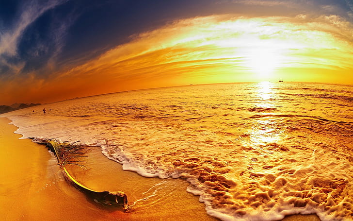 nature, beach, sunset, sea, waves, HD wallpaper