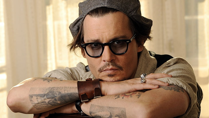 Johnny Depp, men, actor, tattoo, glasses, hat, face, bracelets