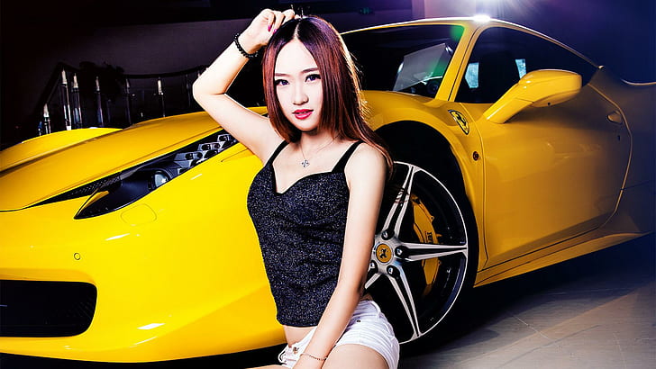 Ferrari desktop beautiful car models, women's black spaghetti strap top, white denim shorts outfit