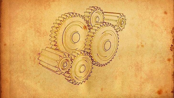 technology, gears, sketches, 3D, minimalism, history, backgrounds, HD wallpaper