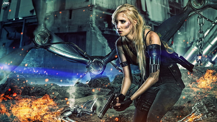 woman holding gun beside blade wallpaper, women, cyberpunk, blonde
