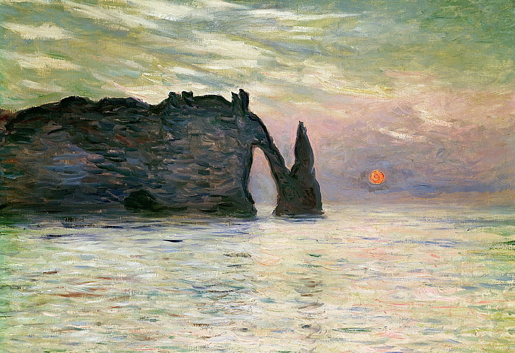 rock formation at sea painting, landscape, picture, Claude Monet, HD wallpaper