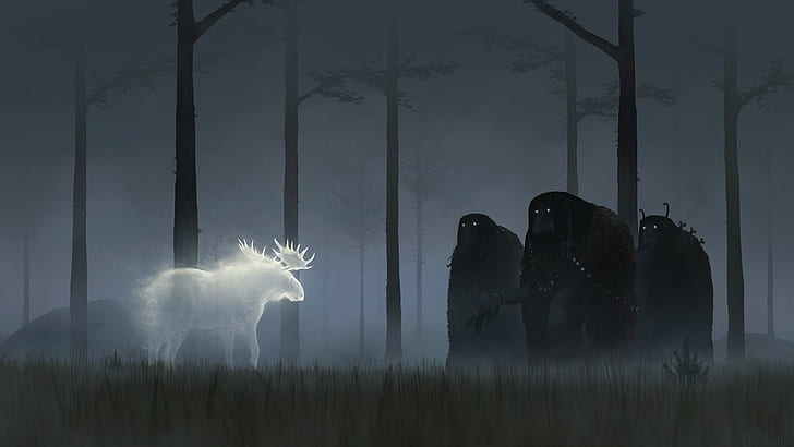 three ghosts in front of spirit moose, fantasy art, nature, night