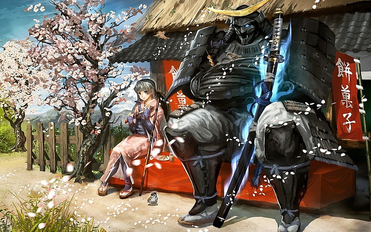 two anime characters digital wallpaper, samurai, anime girls