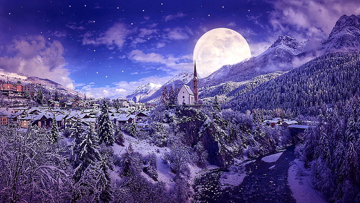 night sky, moon, forest, river, village, landscape, stars, church