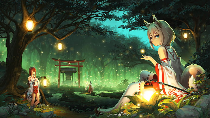 HD wallpaper: fireflies, anime girls, forest, kimono, cat ears | Wallpaper  Flare
