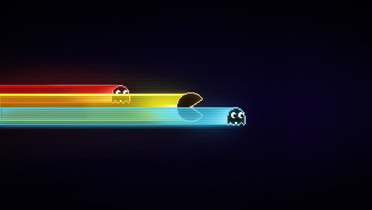 Pac-man and Ghosts wallpaper, blue, Pacman, GameBoy, old games, HD wallpaper