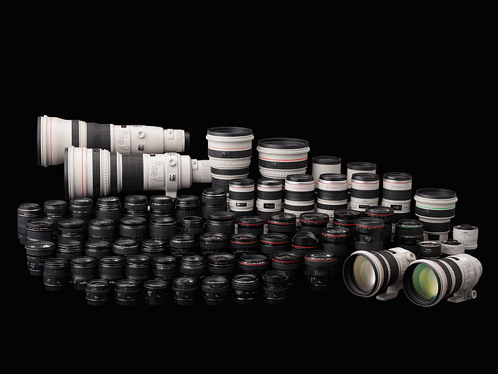 DSLR camera lens lot, canon, ef-s, black Color, industry, backgrounds, HD wallpaper
