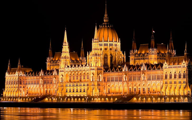 Hungarian Parliament Building, brown dome building, river, danube