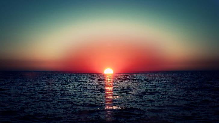 body of water, sunset, sun rays, sea, horizon over water, sky, HD wallpaper
