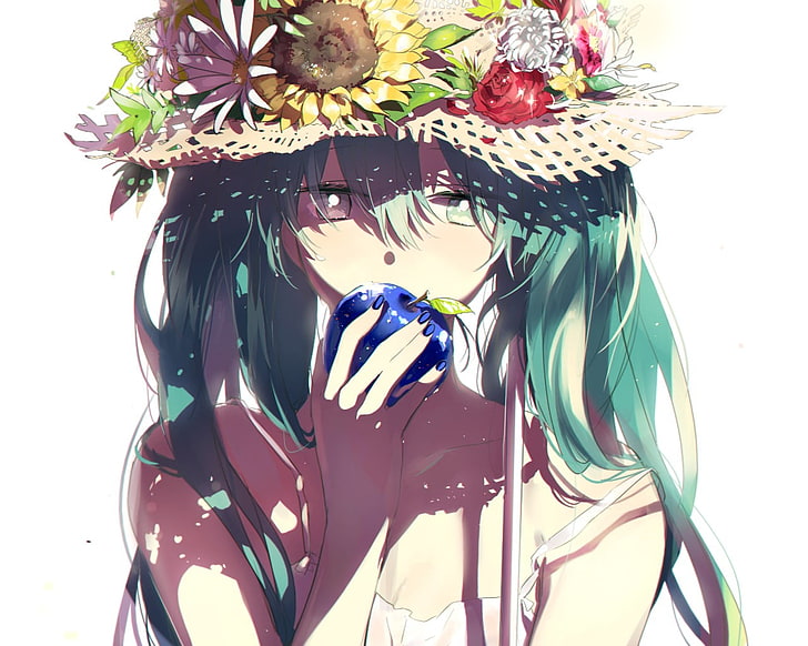 Hatsune Miku illustration, Vocaloid, long hair, twintails, sun hats, HD wallpaper