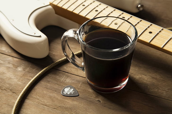 afternoon, black, brown, caf, coffee, electric guitar, fender
