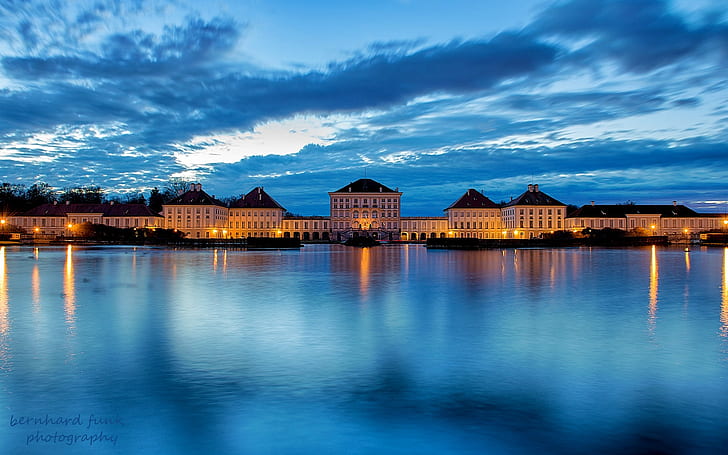 Germany, Bavaria, Munich, city, river, castle, blue, night, HD wallpaper