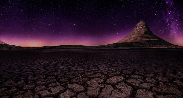 stars, nightscape, desert, purple, sky, HD wallpaper