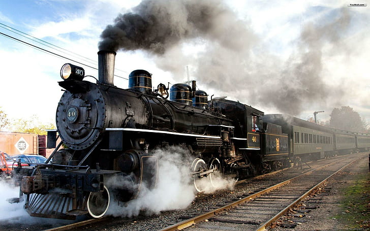 Old steam engine, black train, transport, vintage