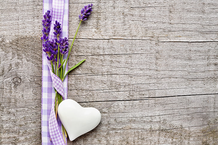 lavender flowers, table, tape, heart, wood - Material, love, romance, HD wallpaper