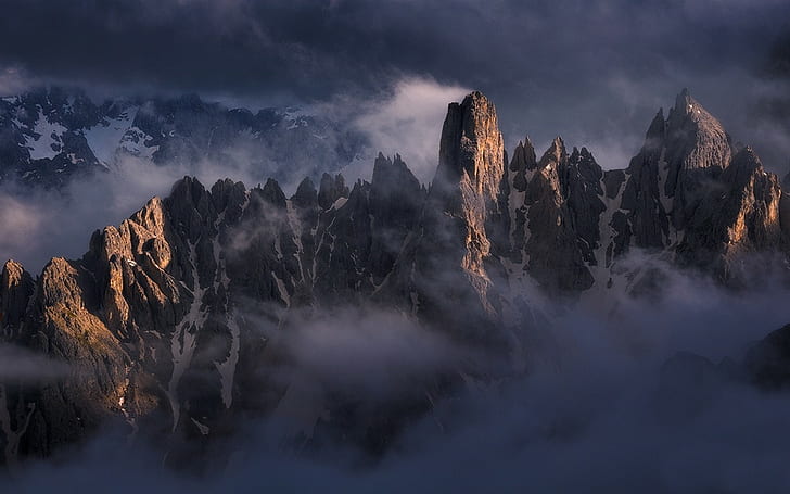 landscape, nature, mountains, sunset, mist, clouds, snowy peak, HD wallpaper