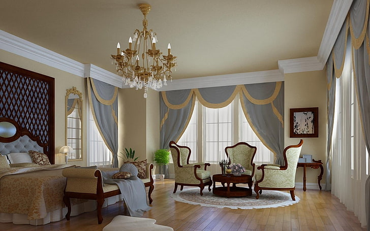 gold uplight chandelier, interior, design, style, room, bedroom, HD wallpaper