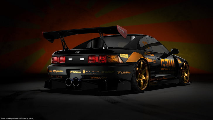 black and brown coupe, render, Japanese flag, Toyota mr2, car