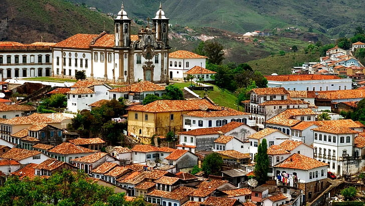 Church In Ouro Preto Brazil, town, hills, mountains, nature and landscapes