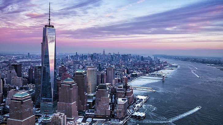 city, dom Tower, Hudson River, Manhattan, New York City, One World Trade Center