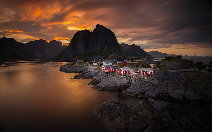 Norway, sky, clouds, sunset, sea, mountain, village, house