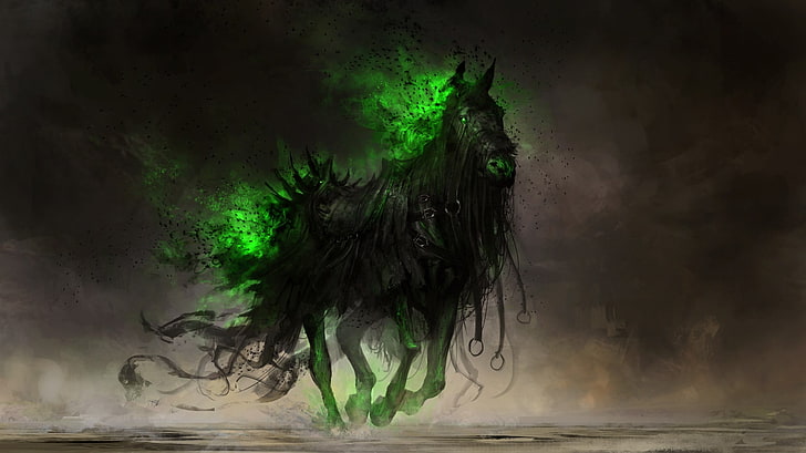black and green horse, digital art, drawing, fantasy art, DeviantArt