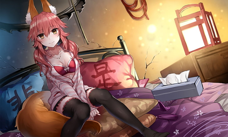 Fate Series, Fate/Extra, Animal Ears, Anime, Bed, Blush, Caster (Fate/Extra)