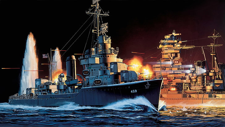 gray and black cruiseship, Islands, ships, battle, art, Navy