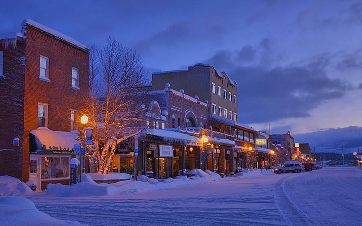 Town store, white snowfield, world, 1920x1200, light, winter, HD wallpaper