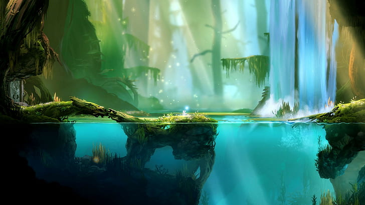 anime digital art video games water trees underwater sunlight rock mist fantasy art swamp split view roots forest ori and the blind forest waterfall, HD wallpaper