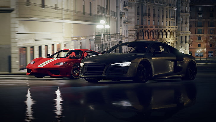 two red-and-white and black sports cars, Audi R8, Forza Horizon 2