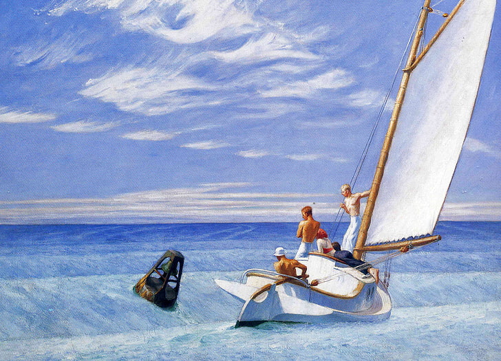 sea, people, boat, picture, yacht, sail, Edward Hopper, seascape, HD wallpaper
