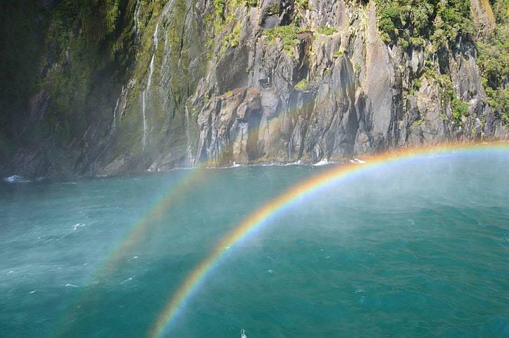rainbows, New Zealand, nature, Milford Sound, water, beauty in nature, HD wallpaper