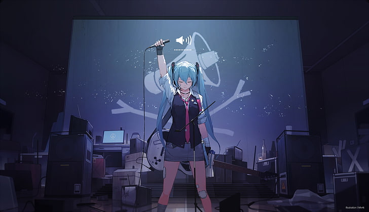 Hatsune Miku, Vocaloid, microphone, Miv4t, one person, front view