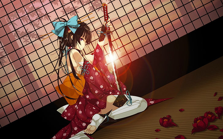 anime, anime girls, original characters, katana, sword, kimono