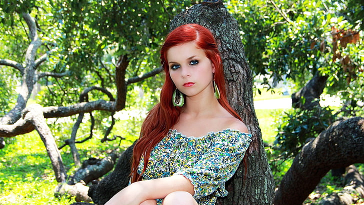 women, model, redhead, long hair, women outdoors, nature, trees, HD wallpaper