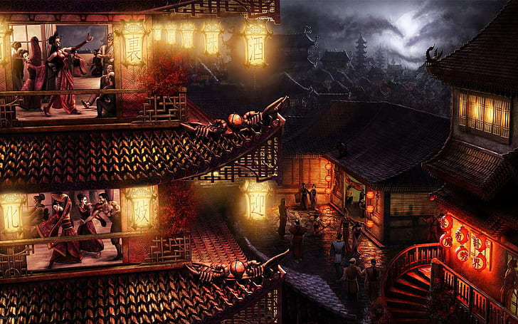 Chinese architecture, Chinese lantern, fantasy art, artwork, HD wallpaper