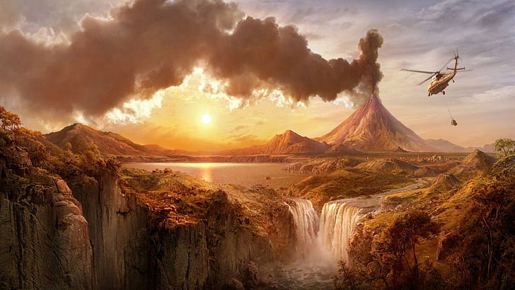 Erupting volcano, volcano and waterfalls photo, fantasy, 1920x1080