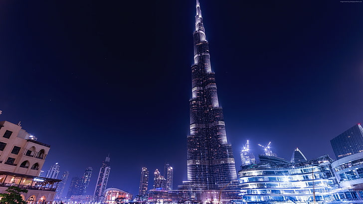 4k, UAE, Dubai, Khalifa Tower, architecture, night, city, building exterior, HD wallpaper