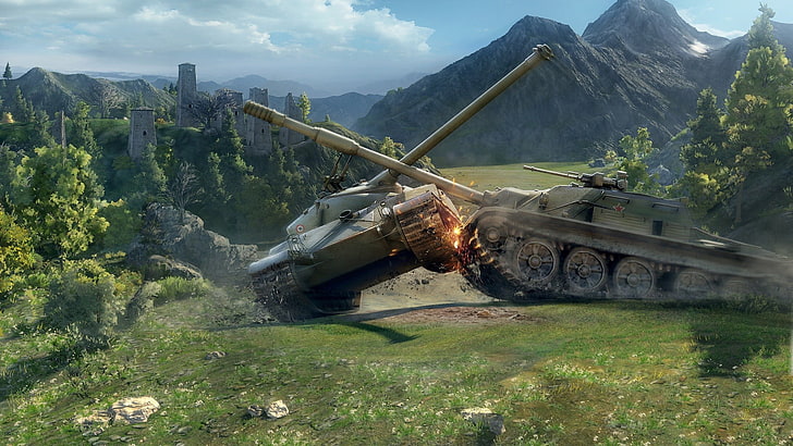two military tanks, World of Tanks, mountain, nature, day, plant