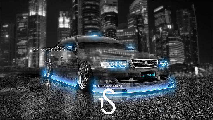 gray car wallpaper, City, Toyota, Blue, Photoshop, Neon, Chaser, HD wallpaper
