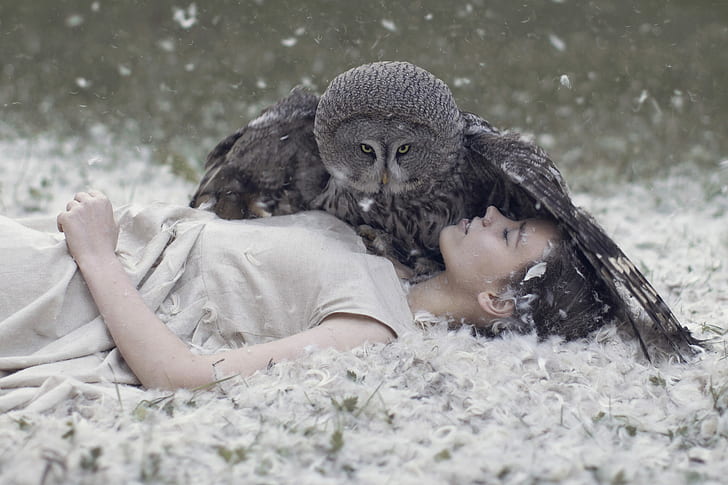 owl, feathers, nature, women, lying down, HD wallpaper