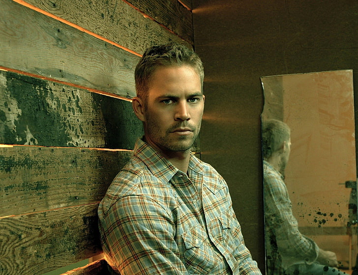 Paul William Walker, men's gray and brown plaid sport shirt, Hollywood Celebrities