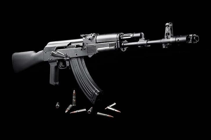 akm assault rifle, gun, weapon, black background, metal, indoors, HD wallpaper