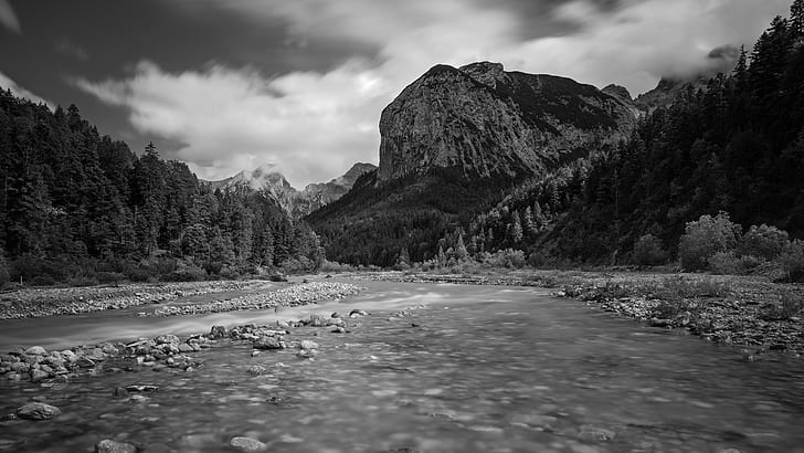 Mountain Landscape BW River Rocks Stones HD, nature, HD wallpaper