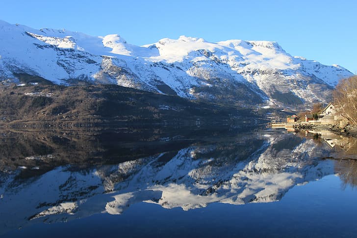 mountains, lake, reflection, calm, Norway, Hordaland, Utne, HD wallpaper