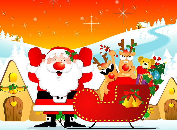 santa claus, reindeer, sleigh, gifts, home, holiday, christmas, HD wallpaper